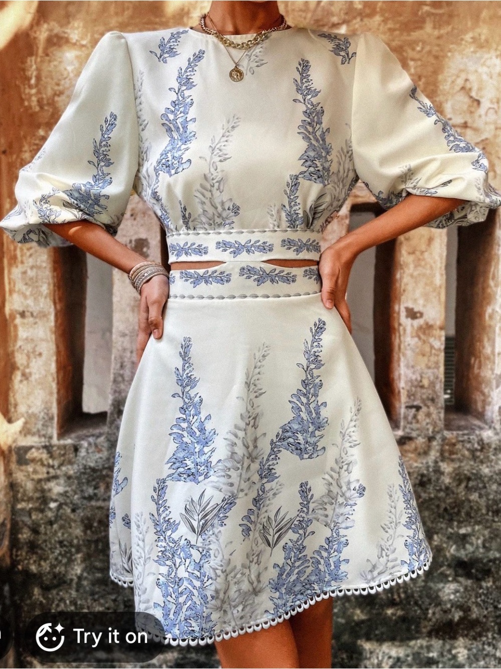 Cream Dress with Blue Botanical Print and Puff Sleeves